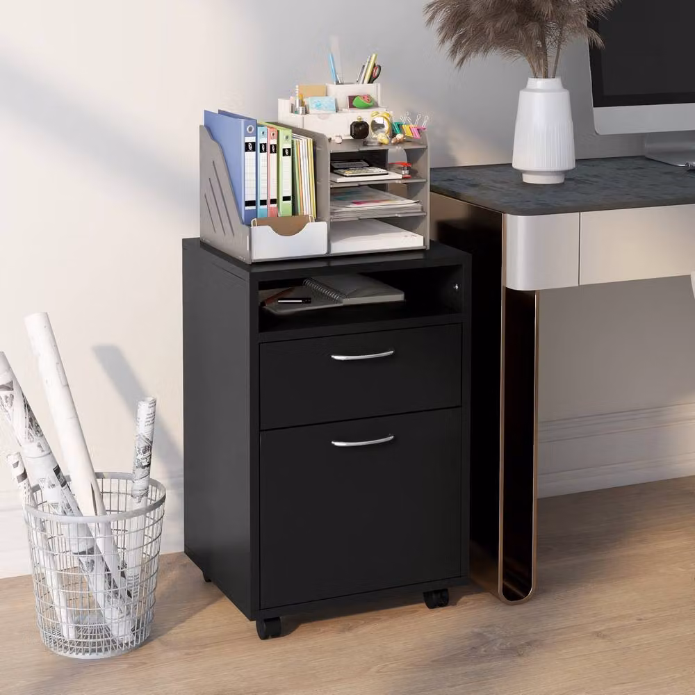 STILVORA Black Modern Filing Cabinet with Drawer, Shelf, Door and Castors – 2