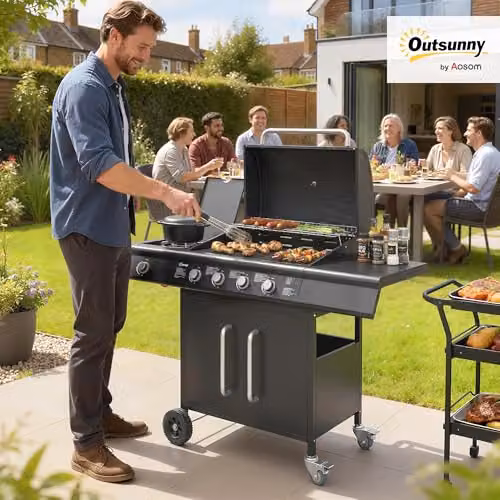 Outsunny 4+1 Burner Gas BBQ Grill with Side Burner, Warming Rack and Thermometer, Black – 2
