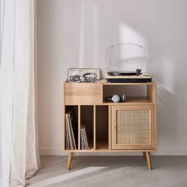 sweeek Boho Vinyl Furniture with Wood Effect and Cane in Light Brown W/D/H: 83 x 39 x 77 cm