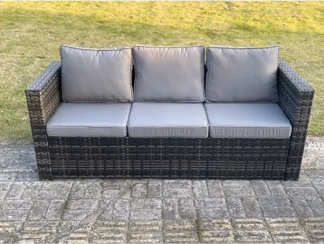 Fimous 3 Seater Polyrattan Garden Lounge Sofa with Grey Upholstered Cushions
