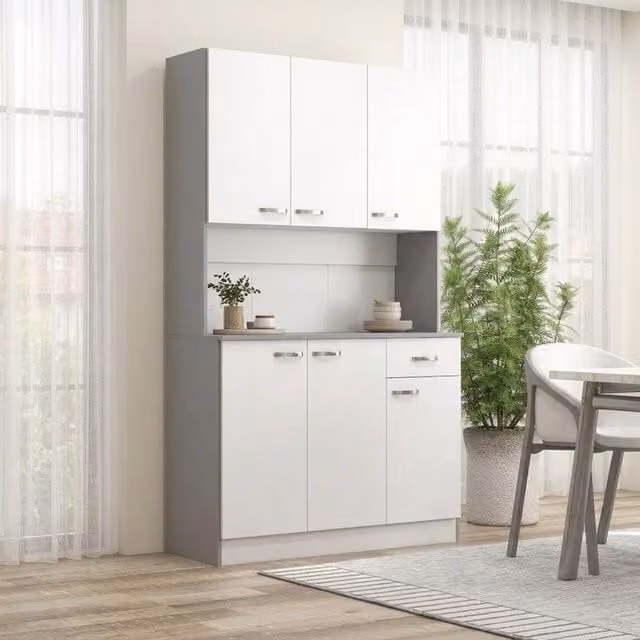 STILVORA Modern White Lacquered Tall Kitchen Cupboard with Adjustable Shelves and Silver Details – 1