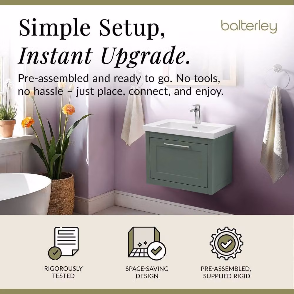 Balterley Blithbury Wall Hung 1 Drawer Vanity Basin Unit, Matt Green, W: 60 cm – 2