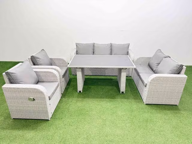 Fimous 7 Seater Garden Furniture Set with Rectangular Dining Table in Light Grey Rattan and Metal
