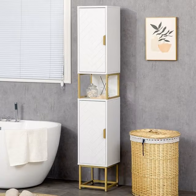 kleankin Slim Freestanding Bathroom Storage Cabinet with 2 Cupboards and Open Shelf, White