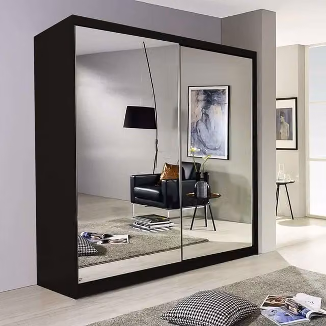 Kueen Modern Double Mirror Sliding Door Wardrobe with Integrated LED Lighting, Black, W: 150 cm, H: 217 cm – 1