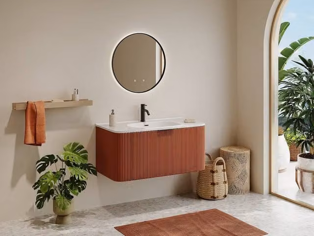 Vente-unique Suspended Grooved Bathroom Vanity Unit with Inset Basin in Matt Terracotta