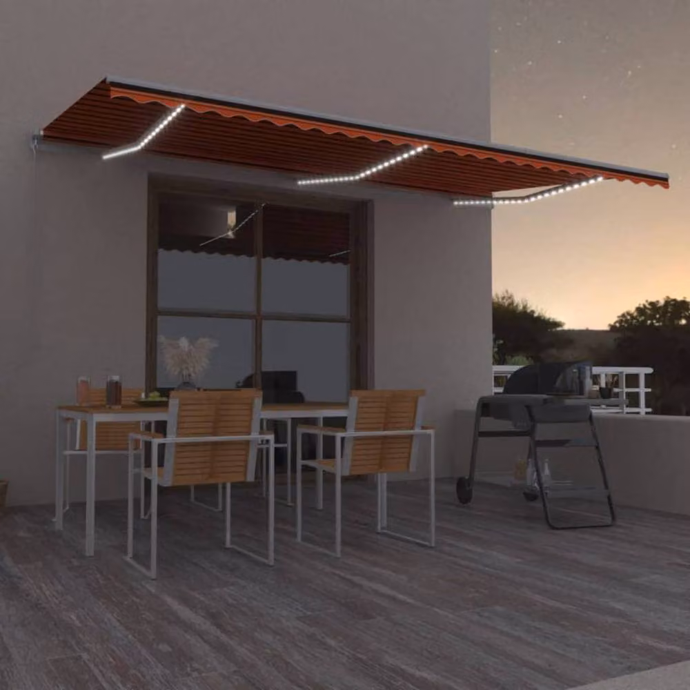 Berkfield Home Manual Retractable Awning with LED, Orange and Brown Striped Polyester, W: 600 cm, D: 300 cm – 2