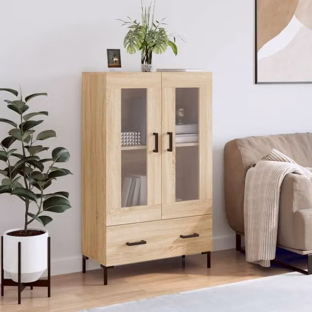 Berkfield Home Sonoma Oak Highboard in Brown with Glass Doors, W/D/H: 69.5 x 31 x 115 cm