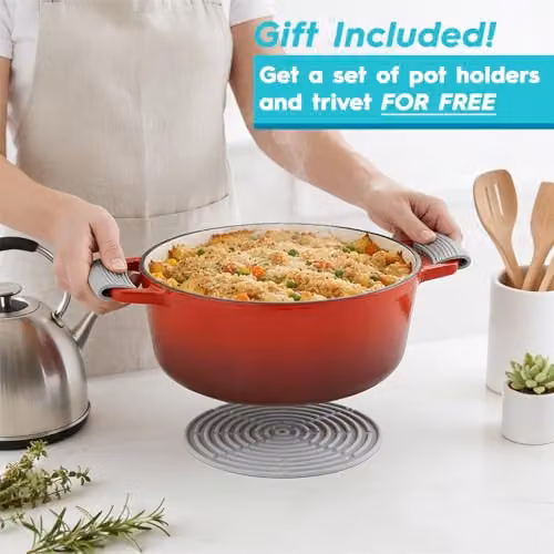 Argon Tableware Enamelled Cast Iron Shallow Casserole Dish with Self-Basting Lid, 2.3 l, Red – 6