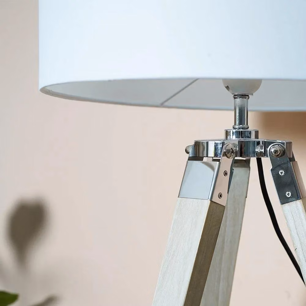 ValueLights Tripod Table Lamp in Brown Wood and Chrome with White Fabric Cylinder Shade – 3