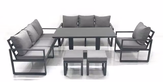 Fimous Outdoor Garden Furniture Set with Adjustable Rising Dining Table and 2 Footstools in Dark Grey Aluminium