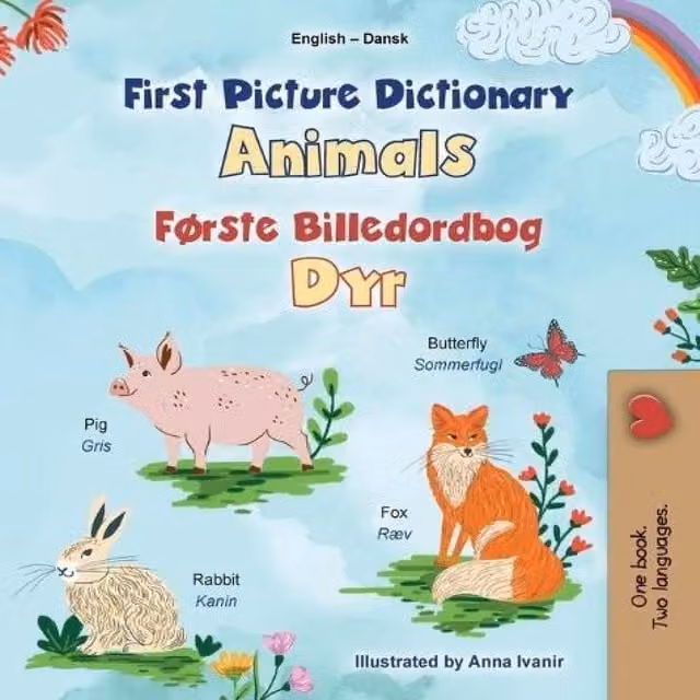 Kidkiddos Books First Picture Dictionary Animals English Danish Bilingual in White and Multicolour