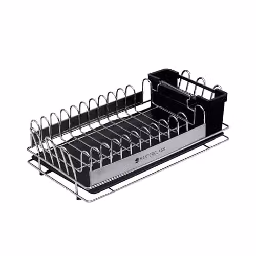 MasterClass Small Stainless Steel Dish Drainer Rack with Cutlery Holder, Silver/Black, W: 41 cm, D: 22 cm, H: 13 cm