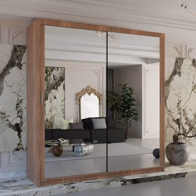 Sliding Wardrobes 4U Double Mirror Sliding Wardrobe with LED Light in Walnut, W: 203 cm, H: 217 cm, D: 62 cm