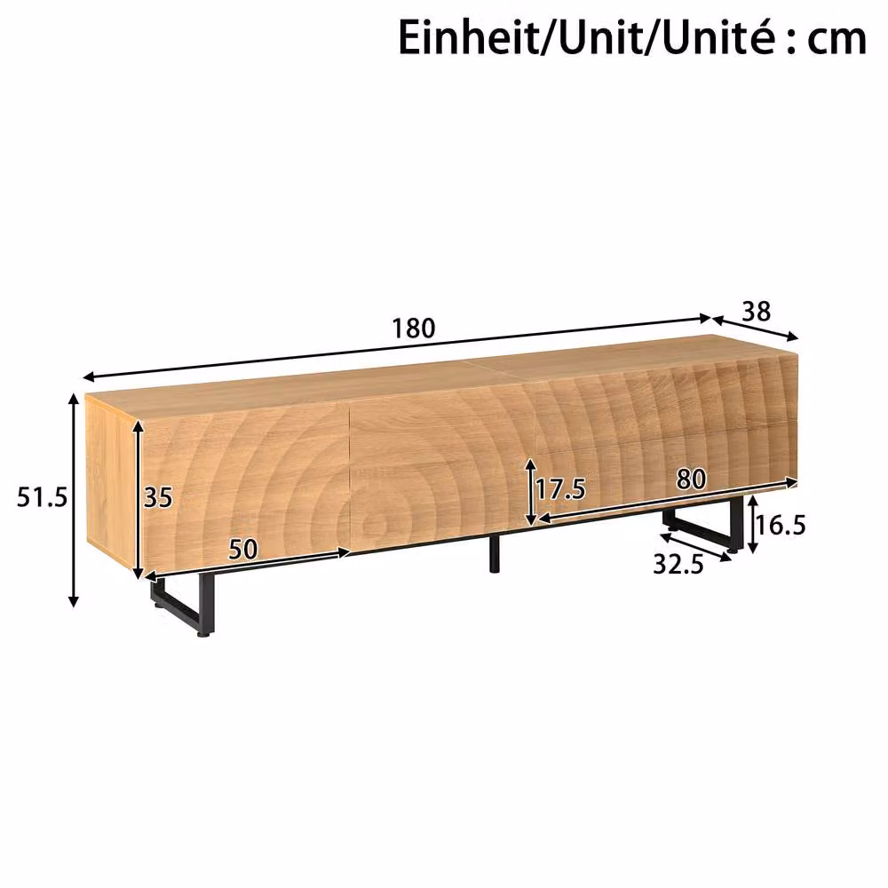 BTM Modern TV Stand Lowboard with 3D Texture Storage Cabinet in Natural Sand, W: 180 cm, D: 38 cm, H: 51.5 cm – 3
