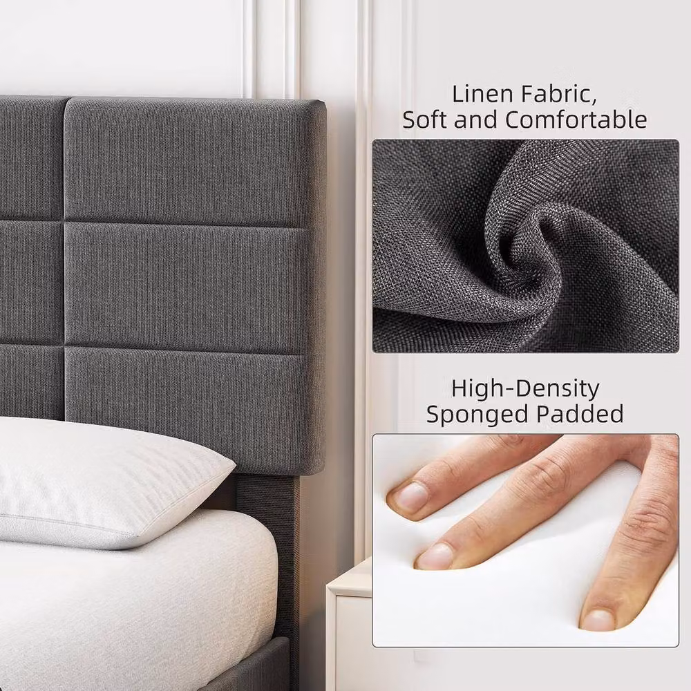 London Boutique Grey Upholstered Linen Platform Bed Frame with Headboard W/D/H: 190 x 135 x 110 cm – 6