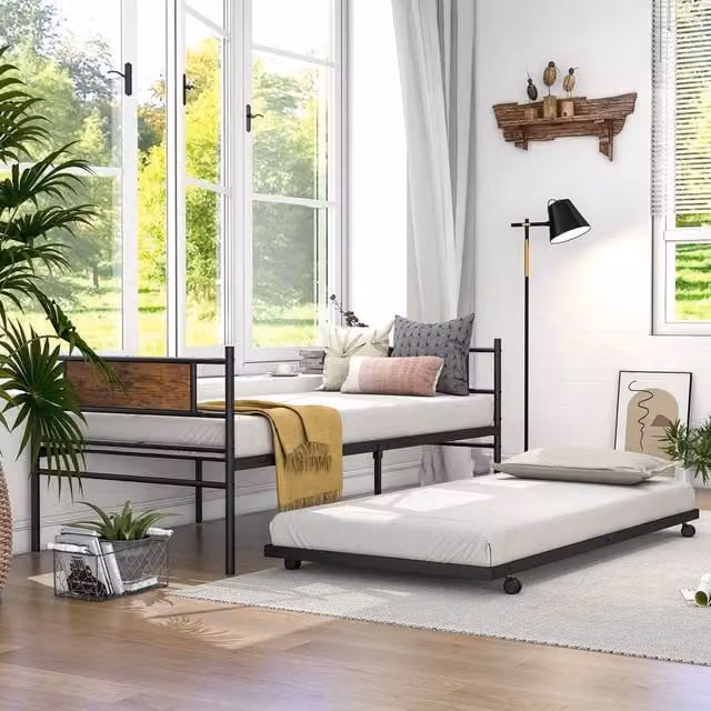Kelvenix Metal Single Daybed with Pull-out Trundle in Brown, W/D/H: 90 x 200 cm – 1