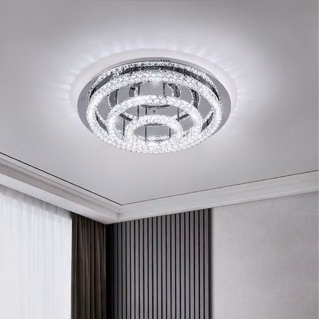 Komore Silver and Transparent Crystal LED Ceiling Light with Stainless Steel Ring, Diameter: 19 cm
