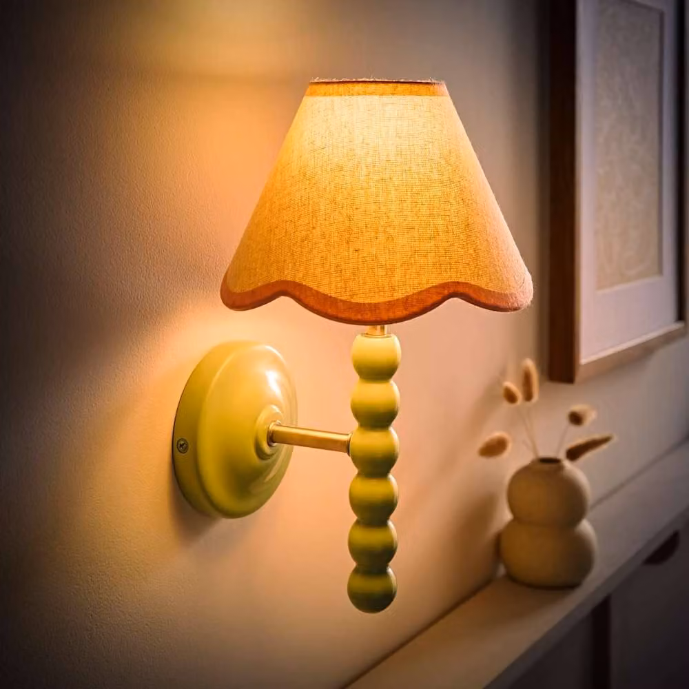 ValueLights Bobbins Pair of Green Wall Lights with Pink Fabric Scallop Shades and Bulbs – 2