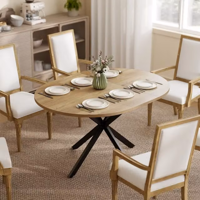 HOMCOM Extendable Round Dining Table for 4-6 Adults with X-Shape Base in Natural Wood Finish