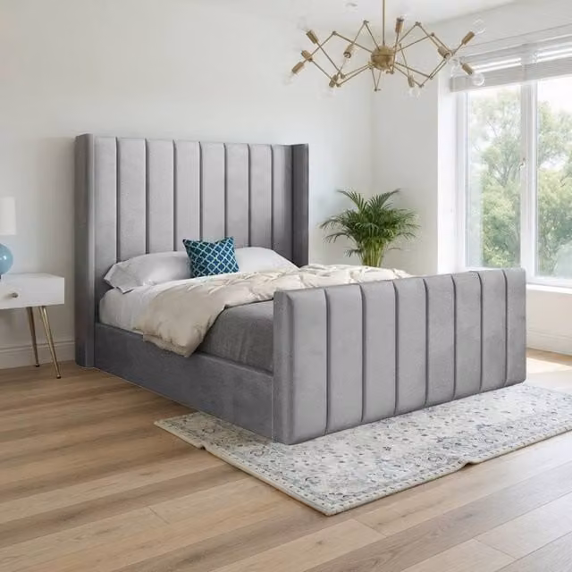 Casani Shildon Super King Upholstered Velvet Designer Bed Frame in Grey, W/D/H: 200 x 137 x 189 cm – 1