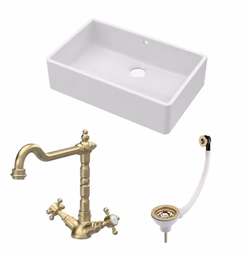 Balterley White Ceramic Butler Sink Single Bowl with Mono French Classic Crosshead Mixer Tap and Waste in White and Brushed Brass