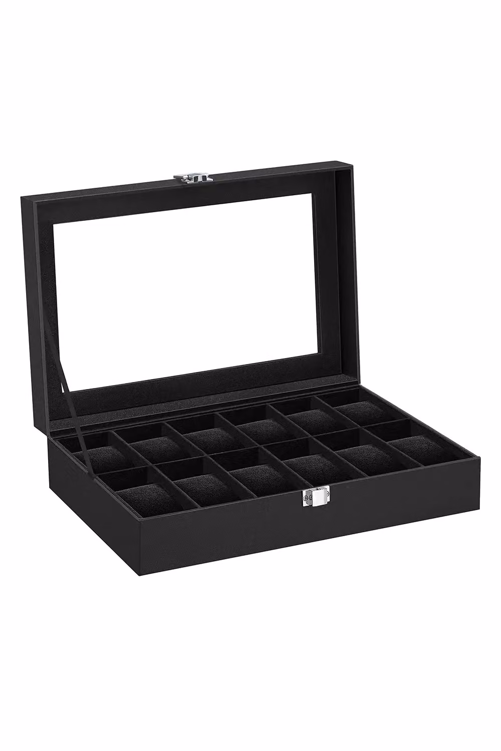 Living and Home 12-Slot Black Synthetic Leather Watch Display Box with Glass Lid – 3