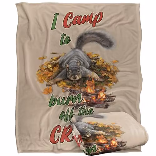 JQ Licensing James Piazza Crazy For Camping Squirrel Silky Touch Super Soft Fleece Throw Blanket, White, W/D/H: 152 x 127 cm