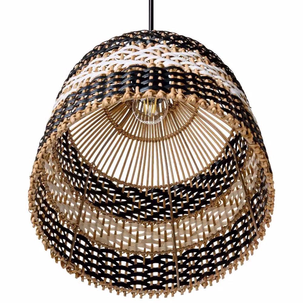 Wyld and Coco Black and White Rattan and Metal Boho Pendant Lamp – 4