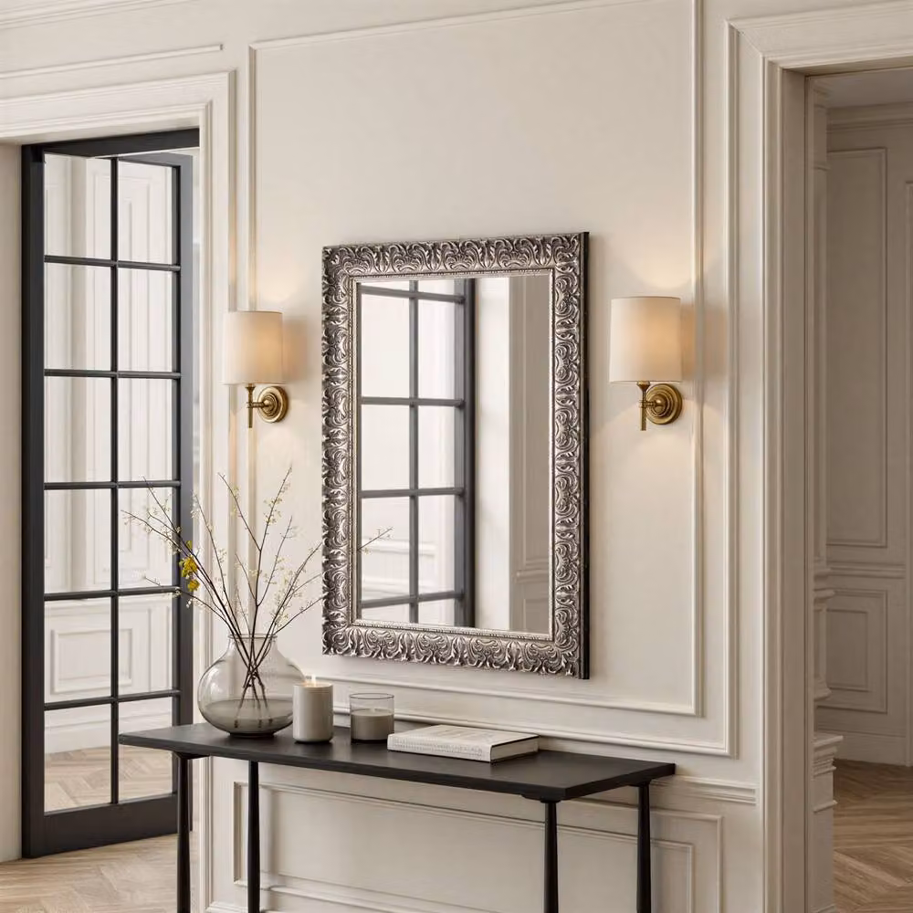 Yearn Mirrors Carved Floral Framed Bevelled Rectangular Wall Mirror in Silver, W: 77 cm, H: 130.5 cm – 2