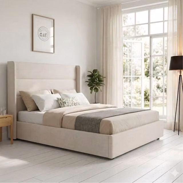 OAT Home Modern Upholstered Ottoman Storage Bed in Beige Linen, W: 140 cm, L: 200 cm