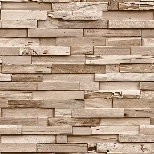 Grandeco Colorado Stacked Wood Block Plank Effect Textured Vinyl Wallpaper in Beige