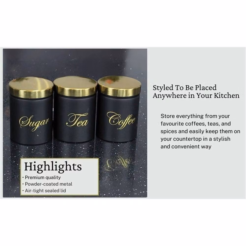 Havendro Black and Gold Set of 3 Airtight Metal and Bamboo Tea, Coffee and Sugar Canisters – 3