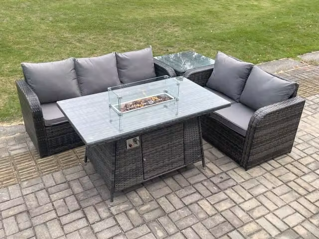 Fimous 4 Piece Rattan Garden Furniture Set with Gas Fire Pit Table and Side Table in Dark Grey