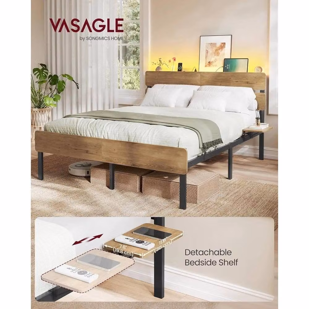 FORGEVIO Industrial Double Metal Bed Frame in Brown with USB Charging Port, Under-Bed Lighting and Bedside Shelf – 2
