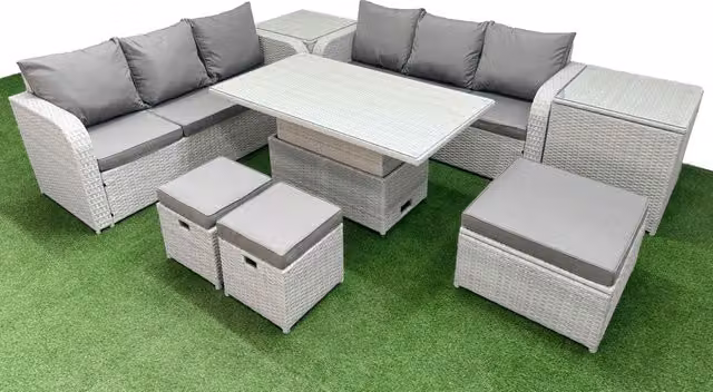 Fimous 9 Seater Grey Wicker Rattan Garden Furniture Set with Adjustable Lifting Dining or Coffee Table and High Back Lounge Sofas