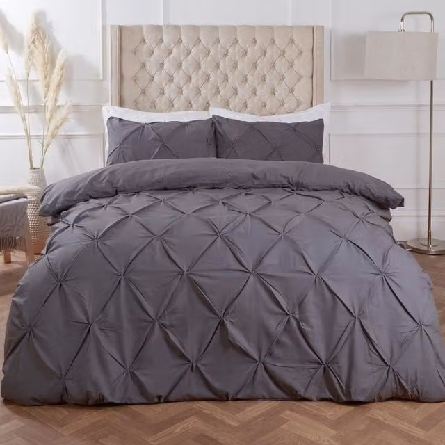 Highams Diamond Pintuck Duvet Set and Pillowcase in Grey, W: 180 cm x D: 200 cm