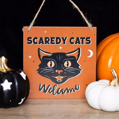 KDMD Vintage Scaredy Cats Welcome Hanging Halloween Sign in Brown, Black and Orange Wood – 3