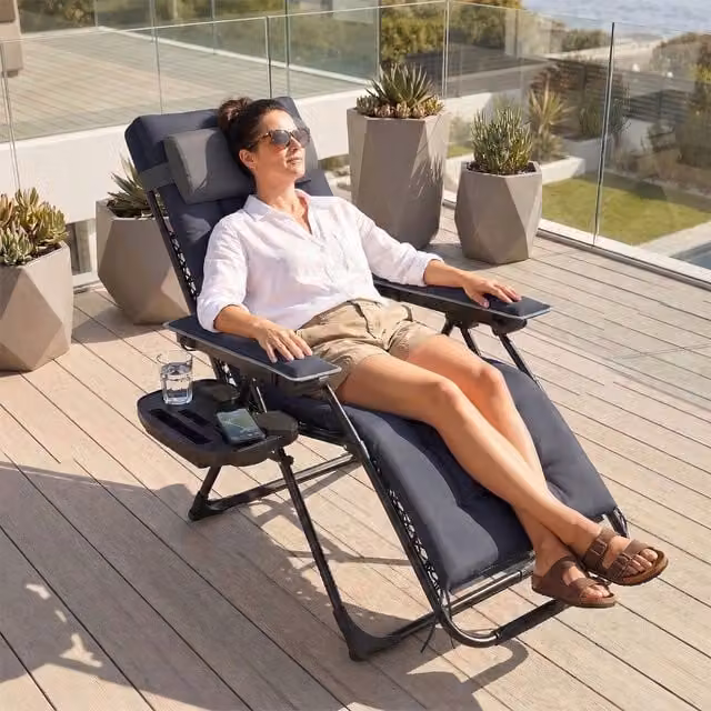 Outsunny Zero Gravity Sun Lounger with Cushion, Cup Holder and Side Tray, Dark Grey