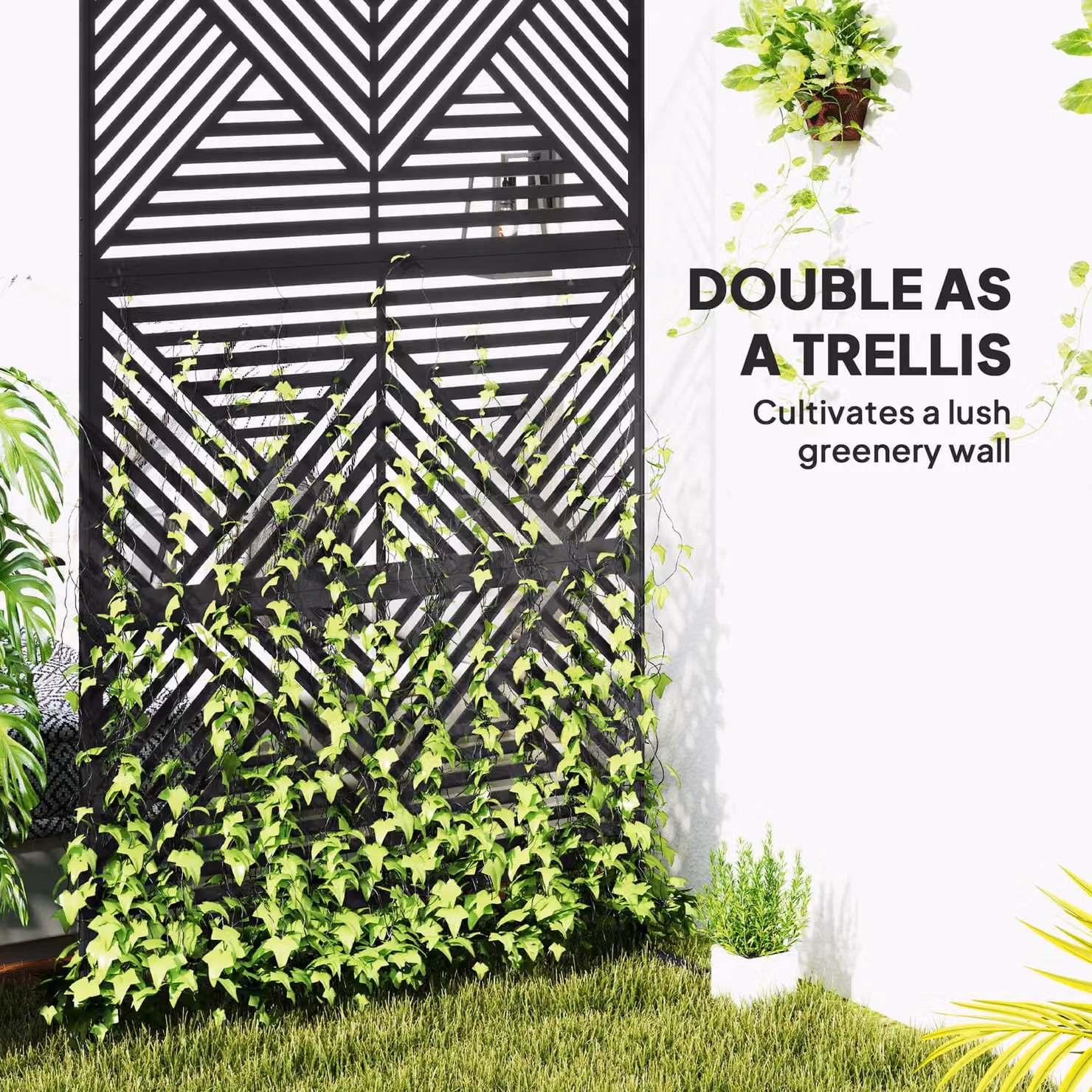 Outsunny Decorative Garden Privacy Screen with Stand, 6.5FT Freestanding Black Metal Outdoor Divider, Rhombus Style Steel Paravent – 4