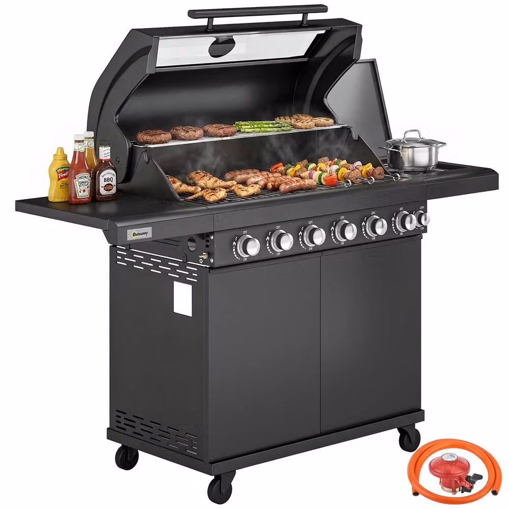 Outsunny 6+1 Burner Gas BBQ Grill with Warming Rack and Side Burner, Black – 2