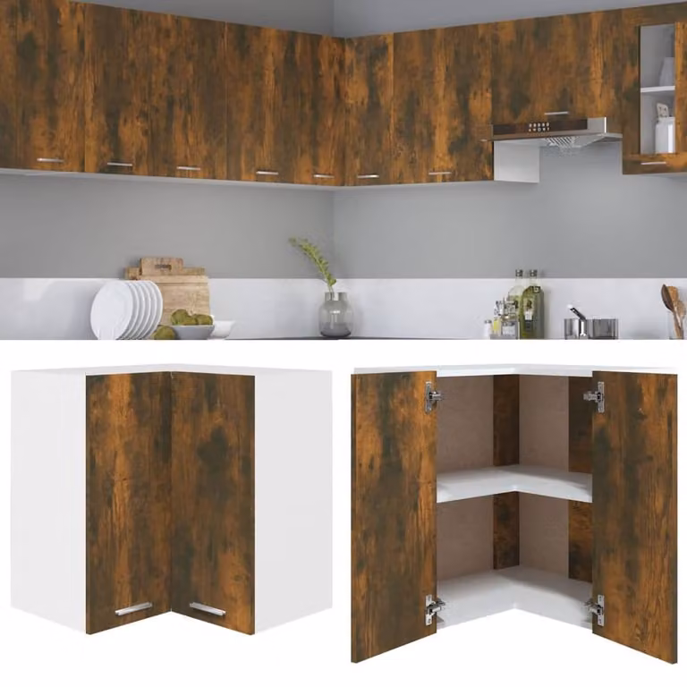Berkfield Home Hanging Corner Cabinet in Smoked Oak Brown, W/D/H: 57 x 57 x 60 cm
