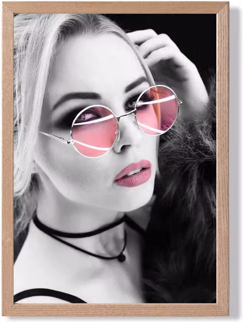 ARTZE Girl with Pink Sunglasses Black and White Framed Photo Print with Oak Frame, A3