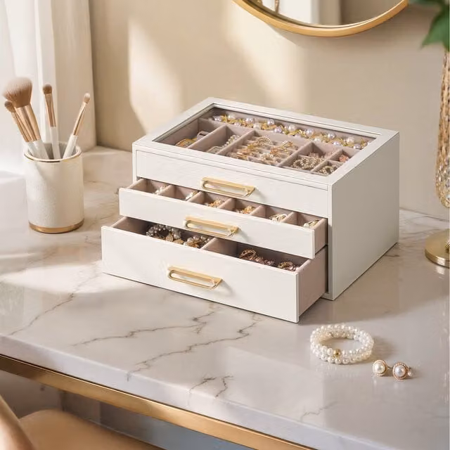 SONGMICS 3-Layer Jewellery Box Organiser in White and Gold