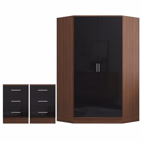 Reflect Black Gloss and Matt Walnut Bedroom Set with Corner Wardrobe and Two 3-Drawer Bedside Tables – 3