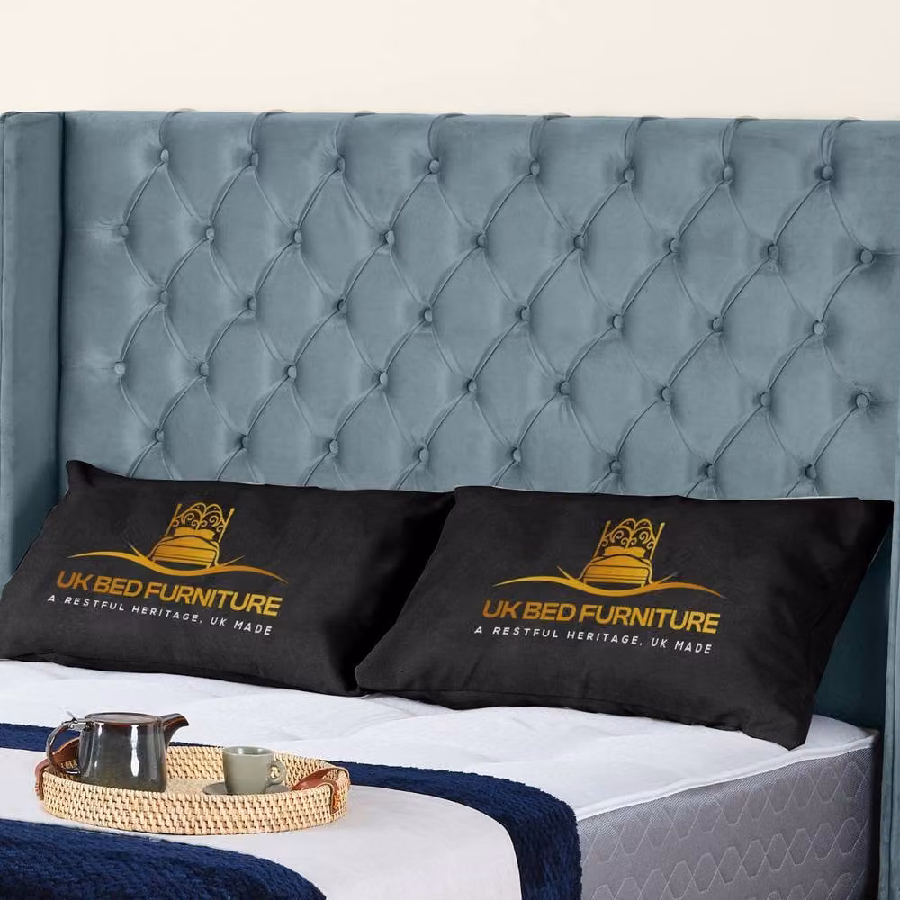 UK Bed Furniture Windsor Wingback Upholstered Velvet Bed in Blue, Size: 180 x 200 cm – 2