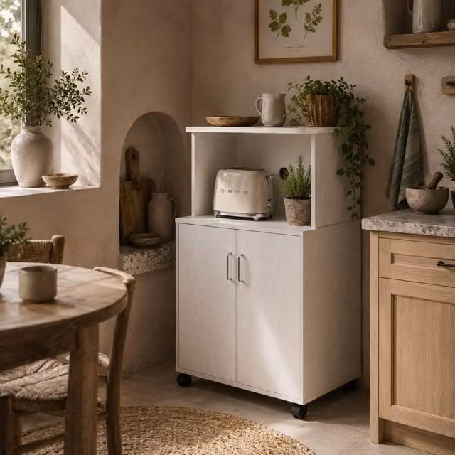 Wyld Haus Fari Move White Microwave Stand and Kitchen Trolley Storage Cabinet with Hinged Doors and Internal Shelves W/D/H: 60.4 x 40.3 x 97.0 cm – 1