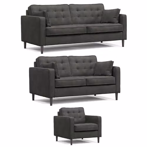 Furnishings For Less UK Eden Toledo 3 Piece Fabric Sofa Suite in Graphite Grey, including 3 Seater Sofa, 2 Seater Sofa and Armchair – 1