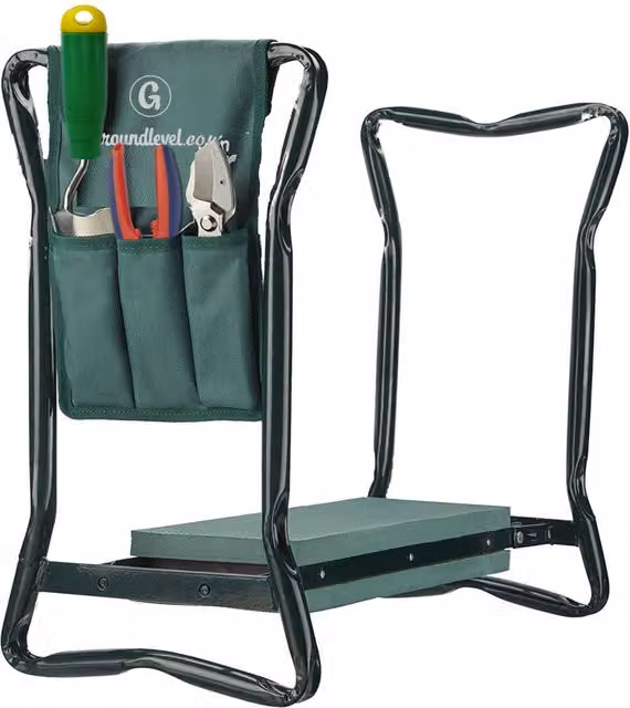 Groundlevel Multi Purpose Easy Relax Garden Kneeler and Chair with Tool Bag in Green and Black