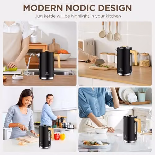 London Boutique 1.7L Electric Kettle in Matte Black, 2500W Fast Boil Cordless Stainless Steel Kettle with Wood Effect Handle, Strix Controller, Auto Shut-Off and Limescale Filter – 4